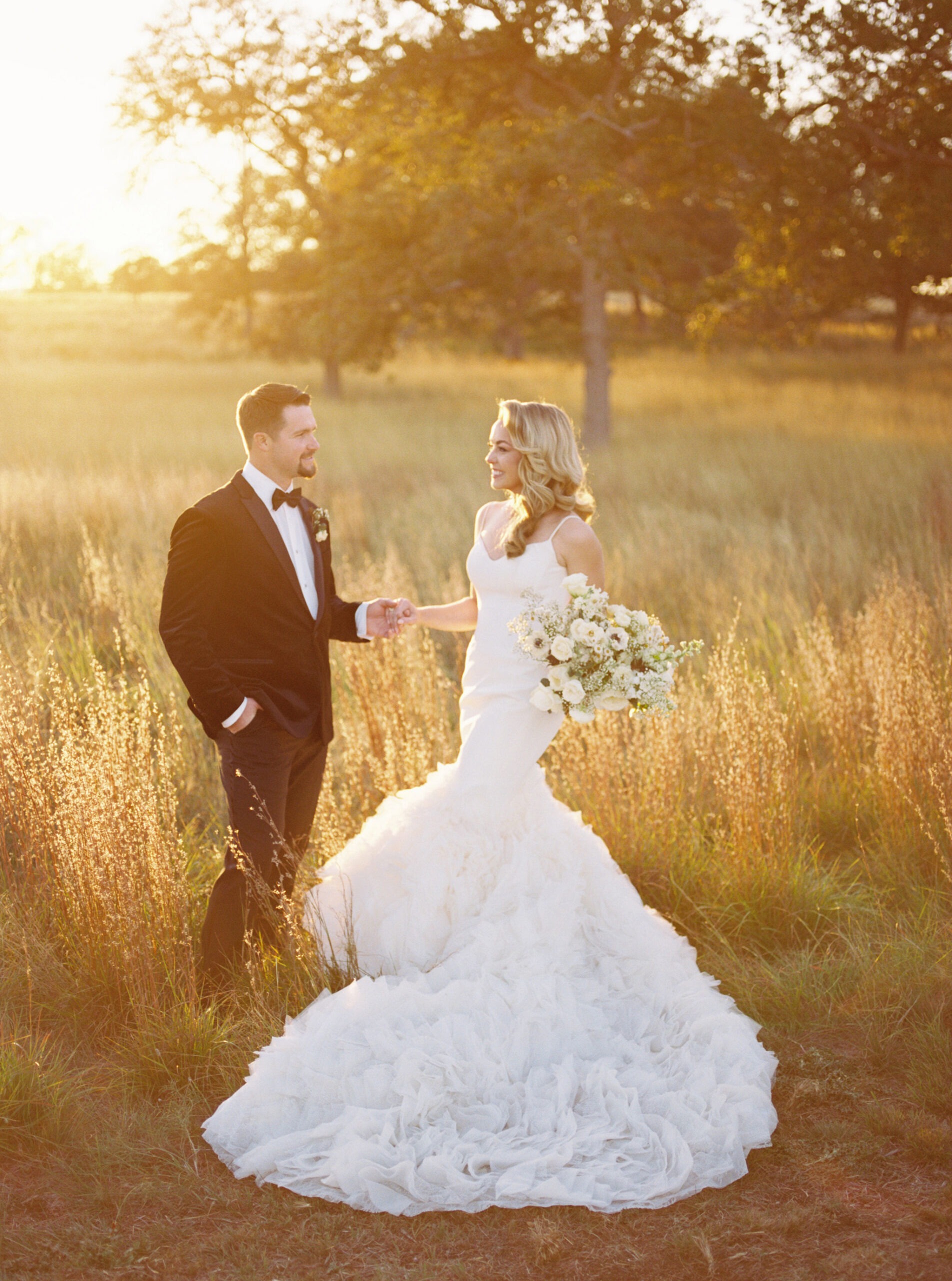 Bride and groom portrait during golden hour outdoors