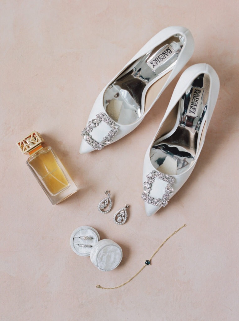 Wedding shoes and bridal accessories flat lay